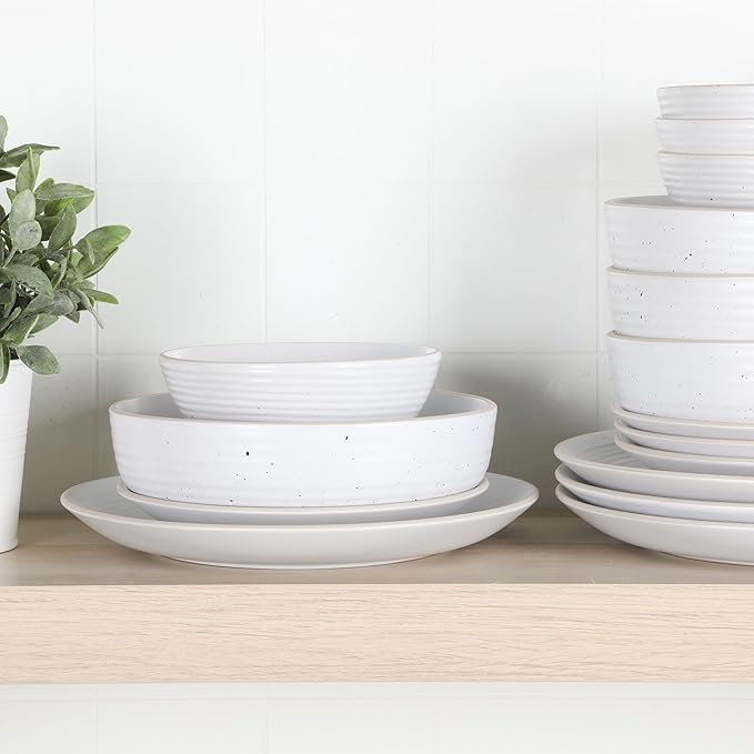 Gibson Home Dinah 16-Piece Matte White Stoneware Dinnerware Set – Double Bowl, Embossed Speckled Design, Durable Kitchen Dinnerware