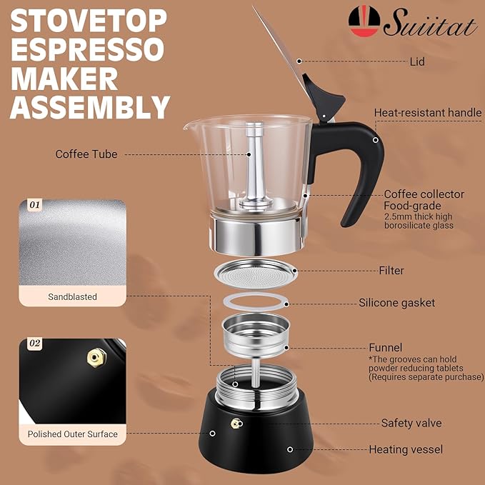 Induction Moka Pot, 4 Cups (7.1 oz) Crystal Glass-Top & Stainless Steel Moka Pot, Classic Stovetop Espresso Maker, Black