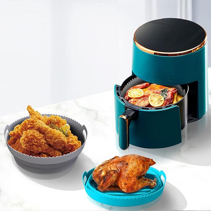 2Pcs Air Fryer Silicone Liners with Divider Trays, silicone Non-Stick Air Fryer Basket Bowl, Collapsible Pot Oven Liner Backing Tray, Air Fryer Inserts Used for Kitchen Oven (Gray & Blue)