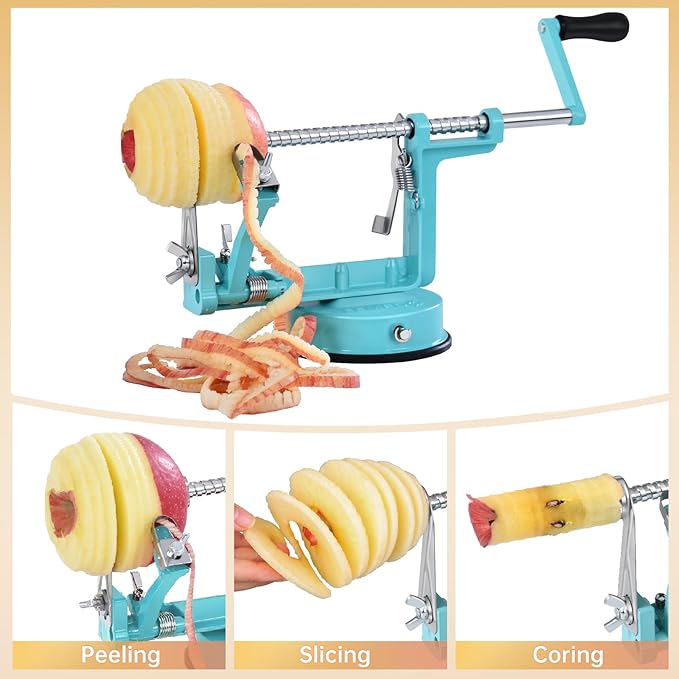 Apple Peeler Slicer Corer with Stainless Steel Blades and Powerful Suction Base for Apples Pears Potatoes(Blue)
