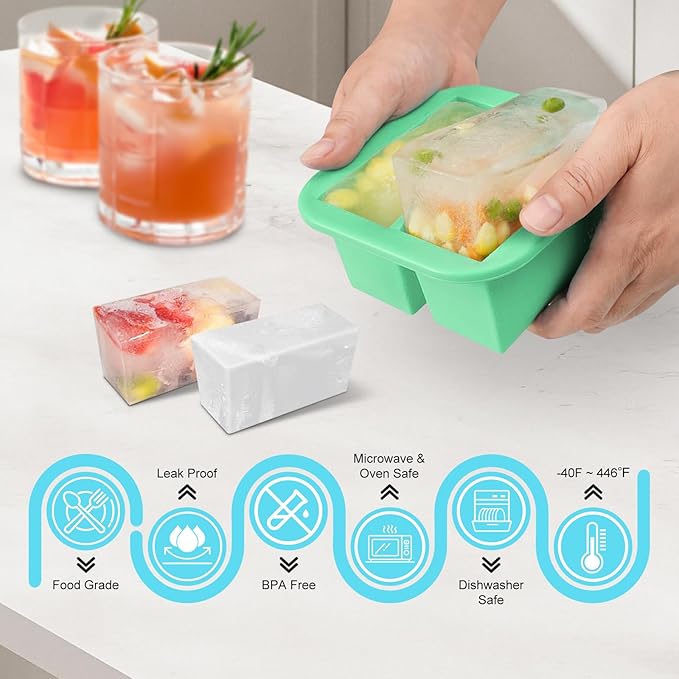 Silicone Freezer Tray with Lid 2 Pack Silicone Freezer Molds Ice Cube Tray Makes 4 Perfect 1 Cup Portions Soup Cubes Meal Prep Containers- Oven & Dishwasher Safe