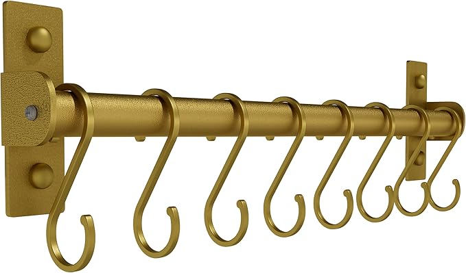 Dseap Kitchen Utensil Holder Hanger, Pot and Pan Rack Wall Mounted, Kitchen Rail with 8 Hooks for Hanging Cooking Utensils, Mugs, Spoons, Wall Mounted, Gold