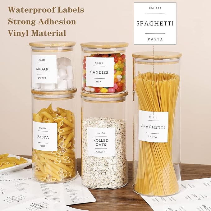 HHMJSM 5 Pcs Glass Food Storage Containers With 132 Pantry Labels Preprinted - Thicken(3mm) Jars Airtight Bamboo Lid Stackable Kitchen Canisters Set For Candy, Cookie, Rice, Sugar, Flour