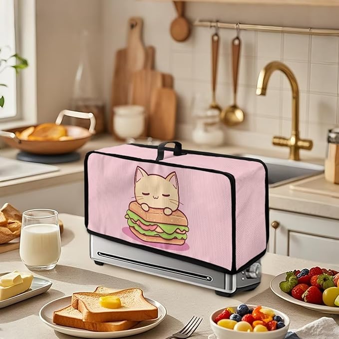 Cute Hamburger Toaster Cover 2 Slice Long Slot 2 Slice Slim Toaster Cover Water-Resistant Folding Small Appliance Covers for Kitchen, Easy to Fold and Store (Pink Cat)