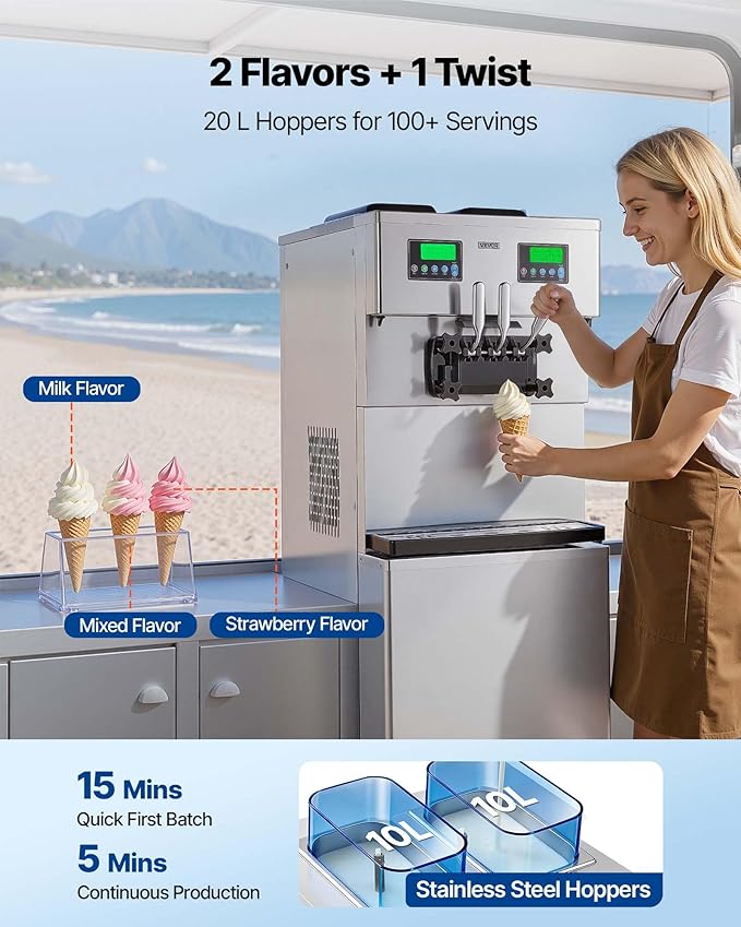 VEVOR Commercial Ice Cream Machine, 34-44L/H Yield, Dual-Compressor Freestanding Soft Serve Ice Cream Maker with 2 * 10L Hoppers & 3 Flavors, Pre-Cooling Puffing Low-Mix Alert for Snack Dessert Shops