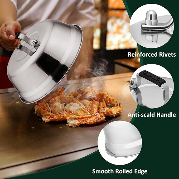 3Pcs Basting Cover & Smash Burger Press, Leonyo 12"- 9"- 6.5" Melting Dome for Griddle, Cast Iron Bacon Press Griddle Steam Dome Lids Smash Burger Kit for Kitchen, Outdoor BBQ Flat Top Grill