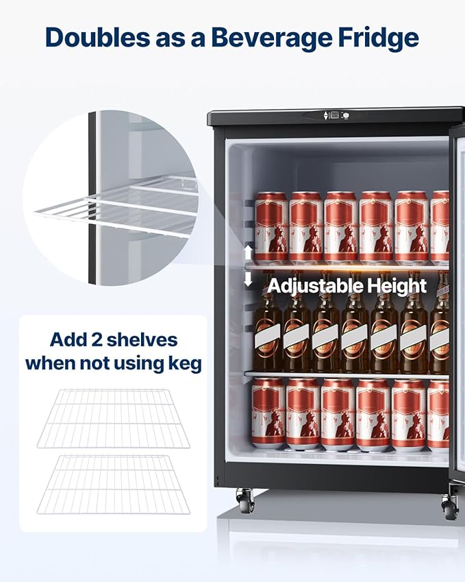 VEVOR Beer Kegerator, Single Tap Commercial Draft Beer Dispenser for D system, Full Size Keg Refrigerator with 5lbs CO2 Tank, Hold 2 Sixth / 3 Ball lock keg, Silver