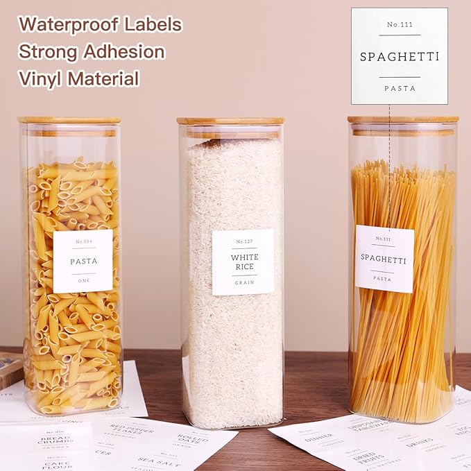 CZZGSM 3 Pack Square Kitchen Storage Jars with Airtight Bamboo Lids and 132 Pantry Labels - 80oz Glass Canisters with Wood Lids - Food Storage Containers for Spaghetti, Pasta, Fettuccine
