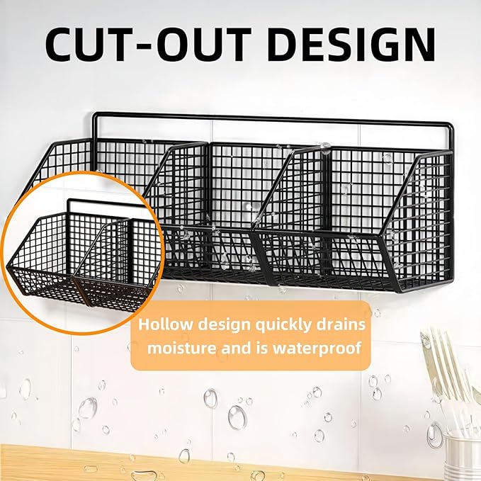 Hanging Wire Fruit Basket with Adhesive Hooks, Hanging fruit baskets for Kitchen counter, Wall basket for Home Bathroom Pantry, Space Saving Hanging Baskets for Organizing Wall Mount Storage