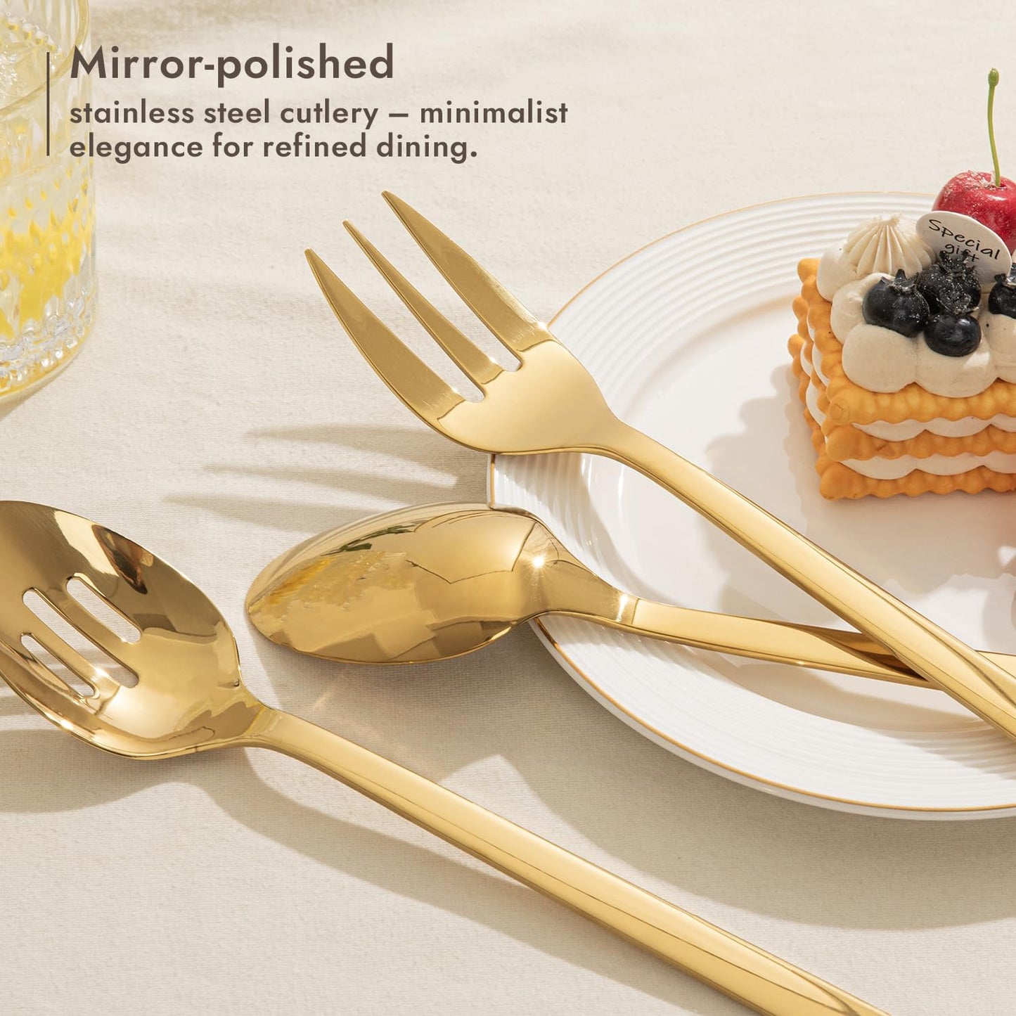 KINGSTONE Large Hostess Serving Utensils Sets,18/10 Stainless Steel Heavy Duty 10inch Serving Spoons,Slotted Spoons,Serving Fork,Serving Tongs, Cake Pie Server For Buffet, Wedding, Party, Gold