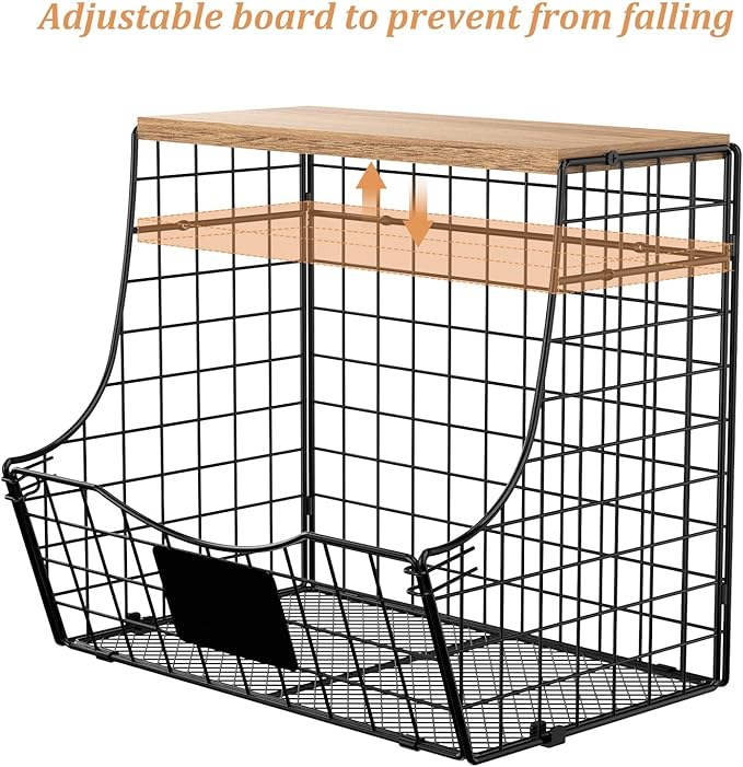 3 Pack wire Fruit Basket for Kitchen with Wood Lid - Counter&Wall Mounted Onion and Potato Storage with Nameplate, Hanging Baskets for Vegetable,11.81 * 10.63 * 8.66 Inch