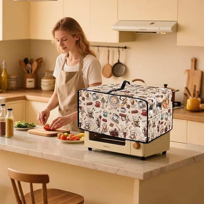 Toaster Oven Dust Cover Small Kitchen Appliance Cover for Countertop Convection Ovens,Small Appliances, L, 18.5 x 22.5 x 13 inches, Coffee Chocolate Print Beige