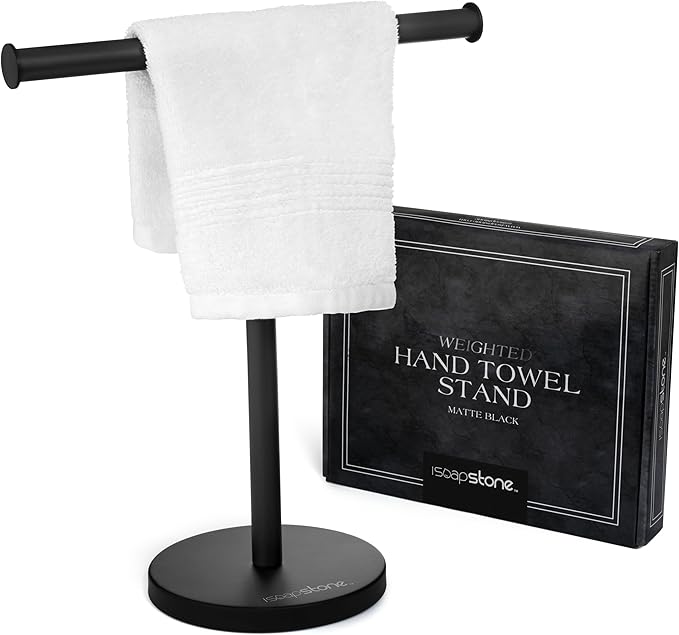 Luxury Hand Towel Holder Stand with Heavy Weighted Base, Matte Black Towel Rack, T-Shape, Freestanding Towel Stand for Bathroom Vanity or Kitchen Countertop, Waterproof Counter Organizer