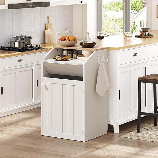 YATINEY Trash Cabinet, Freestanding Trash Can Cabinet, Wooden Recycling with Flip Door, 13 Gallon Hidden Kitchen Garbage Can for Kitchen, Living Room, White WB13WT
