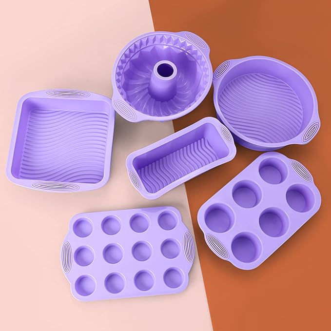 Silicone Baking Tray Silicone Mold Sets Muffin Cup Toast Baking Pan Diy Cake Mold Bakeware Cake Decoration Accessories 6Pcs Set Pink