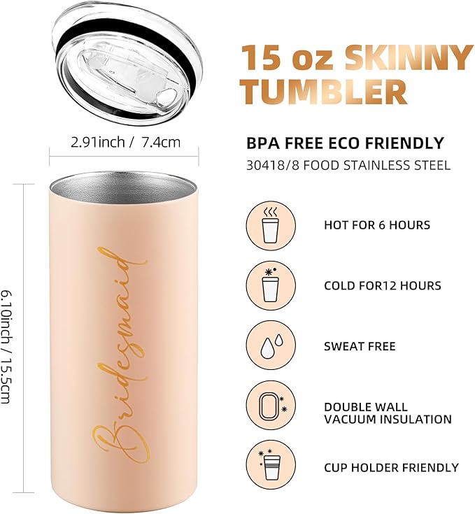 Bridesmaid Proposal Gifts Set of 5 Bachelorette Gifts for Bridesmaids Maid of Honor Cups Wedding Party Favors Stainless Steel Skinny Tumbler with Lid and Straw 15 OZ