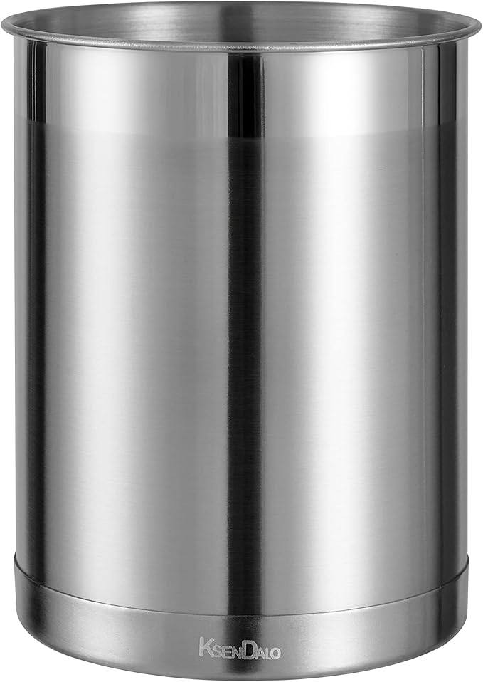 KSENDALO Stainless Steel Utensil Holder for Counter, Brushed Metal Utensil Crock Canister for Cooking Utensils on Countertop, with Heavy Base, Dishwasher Safe,Silver