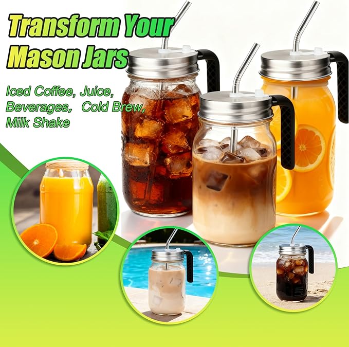 Palksky Mason Jar Lids with Straw Hole & Handle for Regular Mouth Jars, Leak-Resistant Drinking Lids with Extra Silicone Rings, Mason Jar Straw Lids for Iced Coffee, Lemonade, Juice (2 Pack)