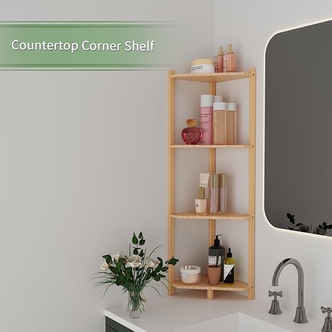 Wisuce Corner Shelf, 100% Real Bamboo Shower Corner Shelves Free Standing Shelf Storage Organizer for Bathroom Living Room Kitchen (Natural, 4 Tier)
