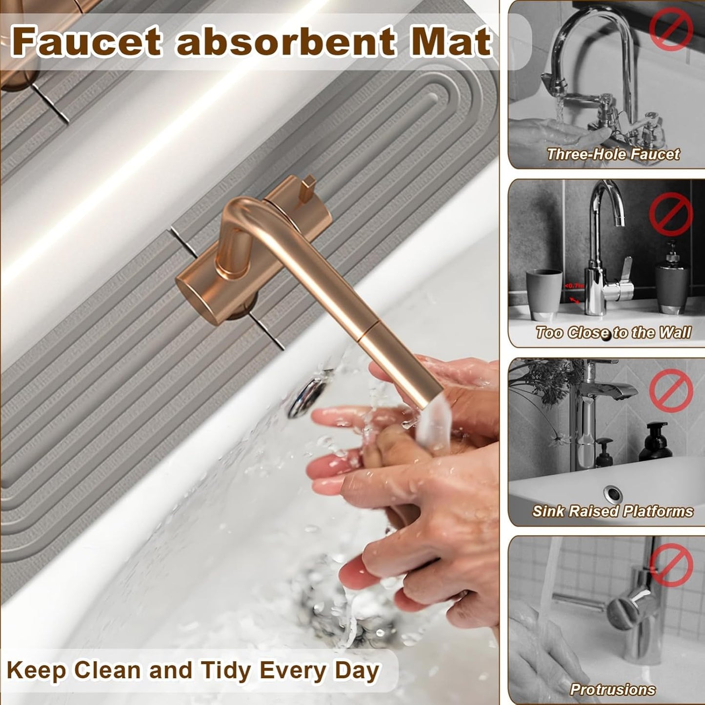 Faucet Mat for Kitchen Sink, Diatomite Super Absorbent Fast Drying Stone Sink Tray for Bathroom Kitchen Sink Splash Guard(Square Grey,23.6x3.9in)
