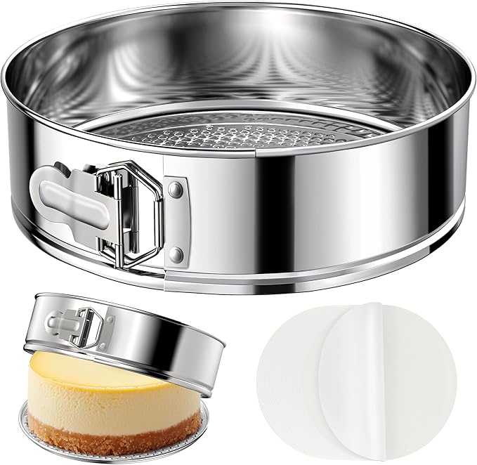 ZeroPone 10 Inch 304 Stainless Steel Springform Pan with Removable Bottom, Nonstick Round Spring Form Cheesecake Pan with 30 Pcs Parchment Paper Liners