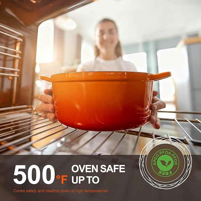 Overmont Refined Enameled Cast Iron Dutch Oven - 5.5QT Pot with Wide Handles Lid Cookbook & Cotton Potholders - Heavy-Duty Pre-Seasoned Cookware Oven Safe to 500°F for Braising, Stews, Roasting, Bread Baking