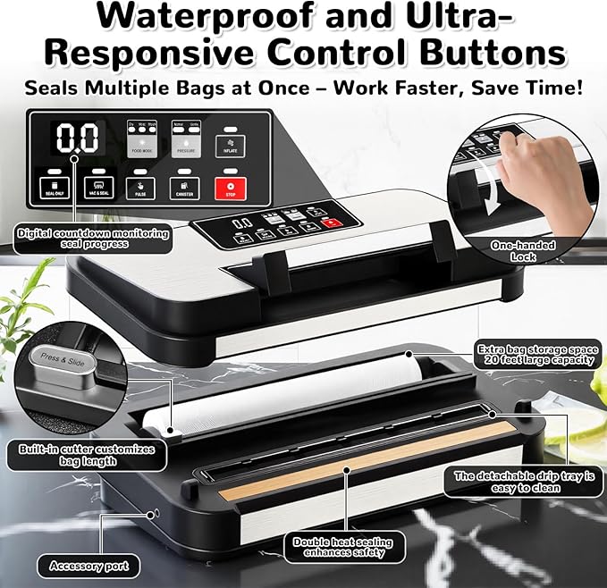 95Kpa Powerful Vacuum Sealer Machine, 11-in-1 Vacuum Sealer for Food with Double Seal, Built-in Cutter & Bag Storage, Vacuum Sealer for Dry Moist Food Preservation, Extend Freshness 8X Longer