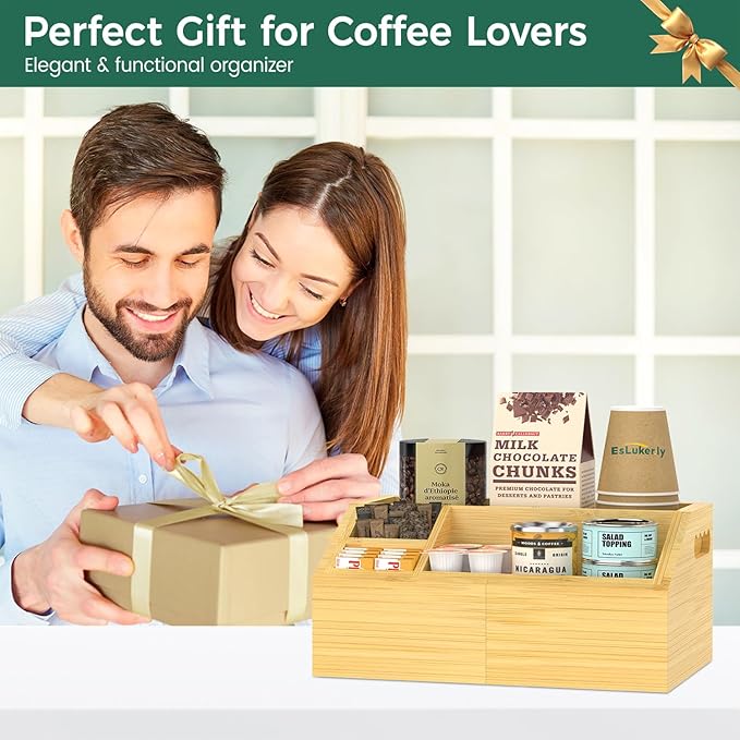 EsLuker.ly Coffee Station Organizer Countertop, Bamboo Extendable Coffee Bar Caddy Condiment Storage, Pods Holder for Home Office, Kitchen Area Nook for Accessories Organizer