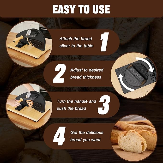 Upgrade Manual Bread Slicer for Homemade Sourdough Bread, Adjustable Thickness with Stainless Steel Serrated Blade, Even Slicing Guide, Non-Slip Suction Cups – Ideal for Home Kitchens and Bakeries