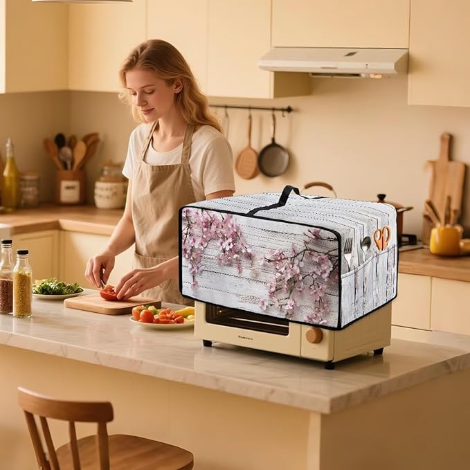 Air Fryer Toaster Oven Dust Cover Countertop Microwave Dust Cover Protector, Compatible with Convection Oven, M, 16.5 x 20.5 x 10 inches, Peach Blossom White Wood Grain