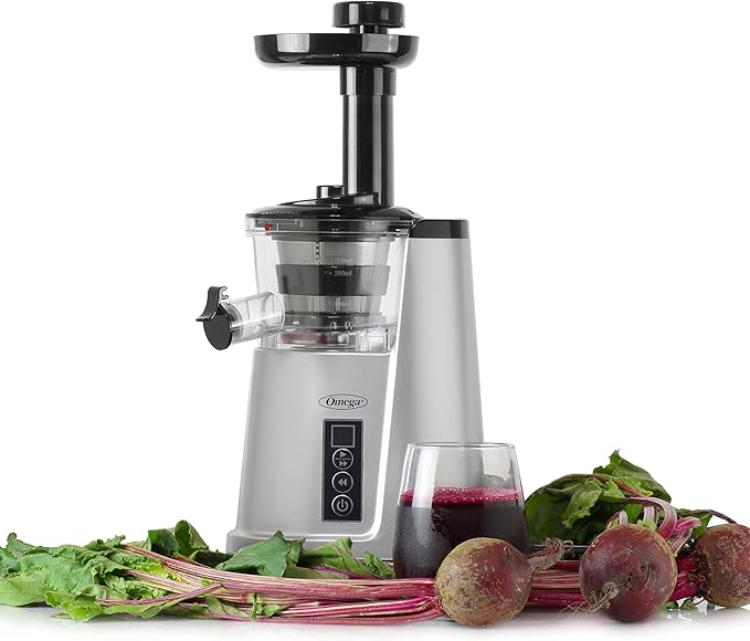 Omega Juicer Cold Press 365 Vertical 65 RPM Slow Masticating Compact Extractor for Fruits and Vegetables with 3 Stage Auger & BPA-Free Container, 150-Watts, Silver