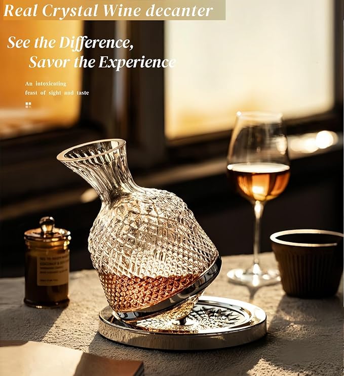 Wine Decanter Set - Spinning Crystal Red Wine Carafes Decanter, Jarler 1.5L Rotating Hand Blown Crystal Glass Wine decanter Aerator Quick Wake Up，Father Day Wine Gift for Wine Lover