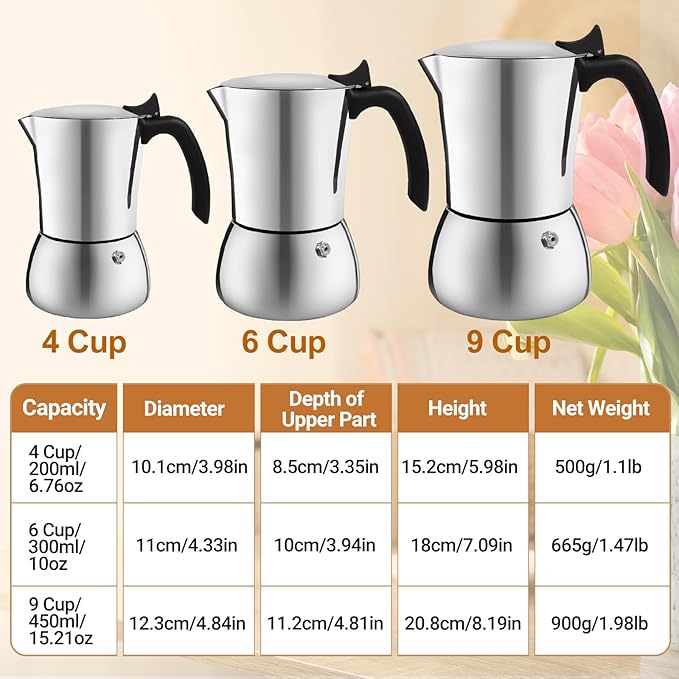 No Coating 6 Cup Thickened 304 Stainless Steel Moka Pot Stovetop Espresso Maker Italian Coffee Machine 300ml 10oz Suitable for Gas Induction Stovetop Greca Coffee Maker Percolator