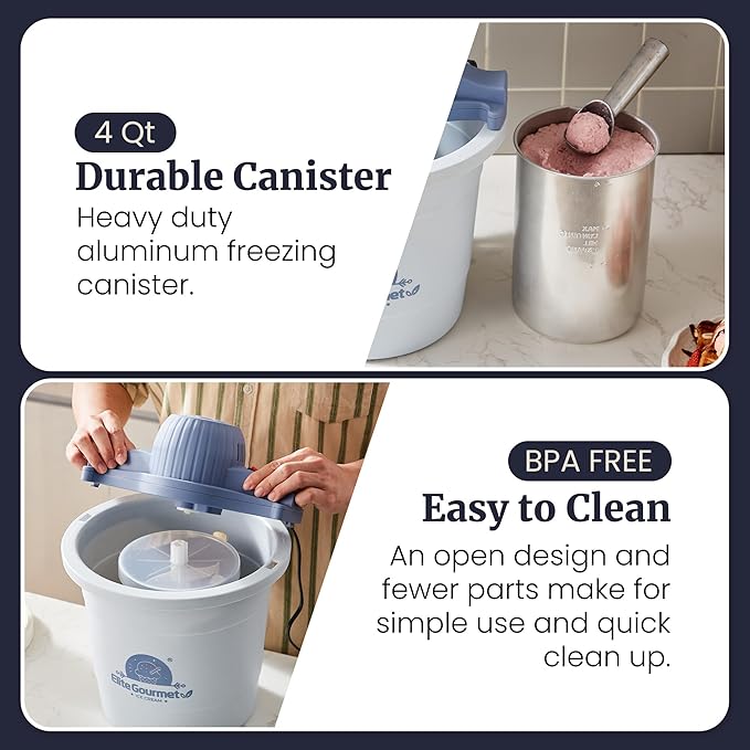Elite Gourmet 4Qt Electric Ice Cream Maker EIM350 Delicious Homemade Ice Cream, Gelato, Sorbet, Frozen Yogurt, 4Qt Aluminum Freezing Cannister, Durable Plastic Ice Bucket, Powerful 50W, Periwinkle