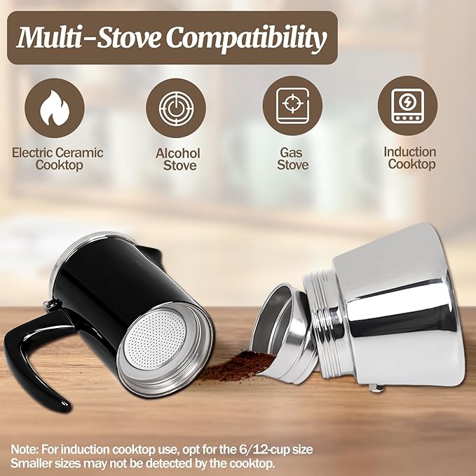 6 Cup Thickened Moka Pot 304 Stainless Steel 300ml Italian Espresso Coffee Maker Stovetop CoffeeMakers Mocha Pot Percolator for Induction Stove Classic Cafe Makers Portable for Easy Brewing