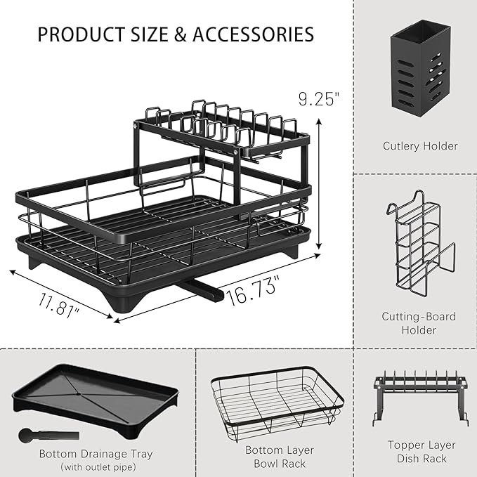 Dish Drying Rack 2-Tier Auto Draining Dish Drying Rack for Kitchen Counter & Sink - Large Capacity Detachable Stainless Steel Organizer with Drainboard & Utensil Holder (Black)，Chaos Coordinator Gifts