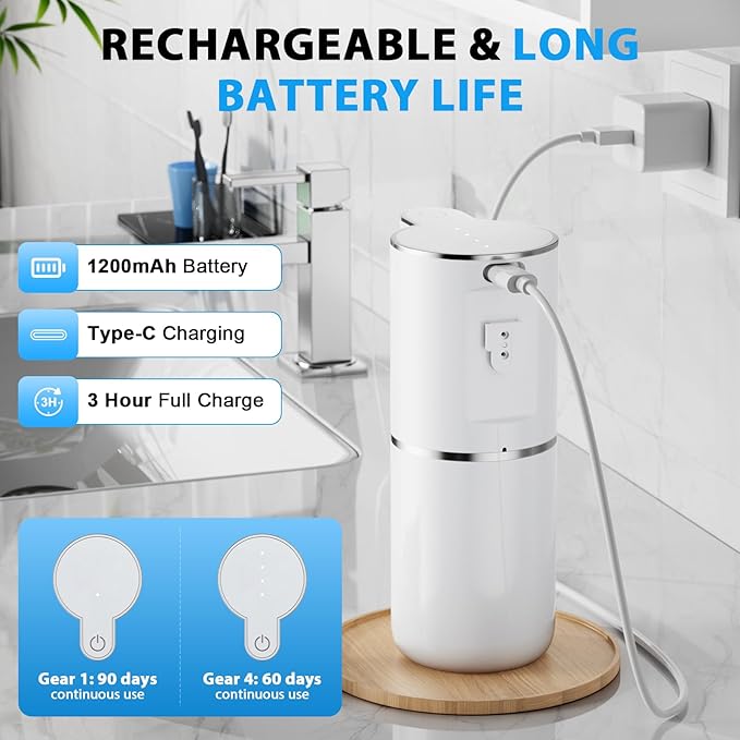 Fantictas Automatic Soap Dispenser,Touchless Automatic Foam Soap Dispenser 380ML, USB Charging 4 Adjustable Levels Wall Mount for Kitchen & Bathroom, White