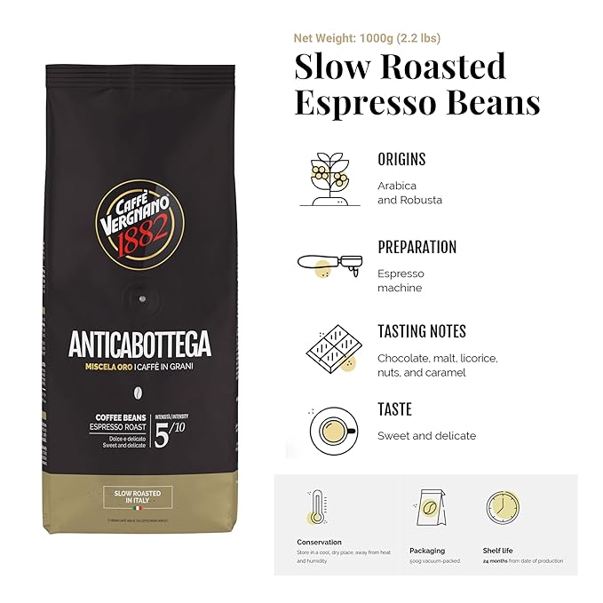 Caffe Vergnano Whole Bean Coffee 2.2 lb Bag - Medium Roast Antica Bottega Arabica Espresso Beans, Italian Coffee Chocolate Caramel Nut Notes - For Coffee Maker, French Press Espresso Maker, Moka Pot