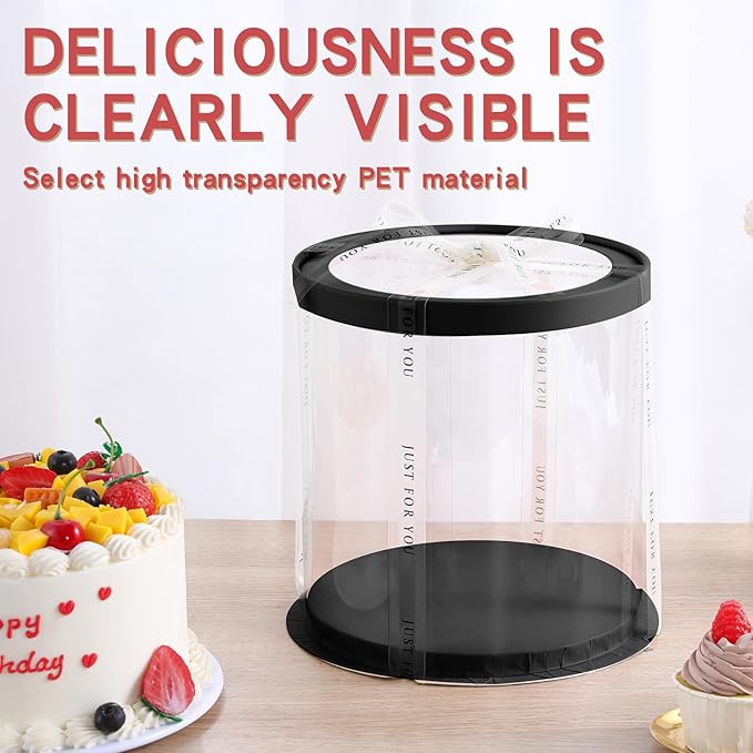JCD 6Pcs 8.5 * 9.5inch Round clear cake boxes with Ribbon,Ideal for 7inch and 6inch Tall Layer Tiered Cakes,Multi-Layer cake boxes for Christmas Bakery Treat (Black, Round 8.5inch/6pcs)