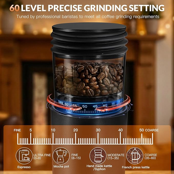 Coffee Grinder Electric, Rechargeable Cordless Stainless Steel Conical Burr Coffee Bean Grinder with Air Blower, 60 Grind Settings, Anti-Static, Compact & Quiet for Home, Office, Camping Use
