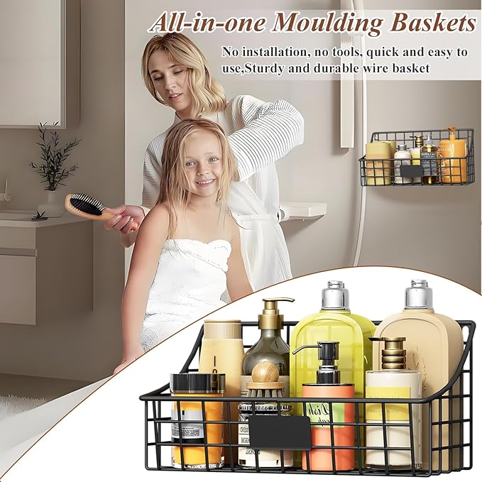 Hanging Wall Wire Basket-4Pack,Large Metal Organizer Baskets & Bathroom Shower Shelf with 4 Adhesive Hooks+5 S Hook, Wall Mounted Baskets & Shelves for Bathroom, Kitchen Storage