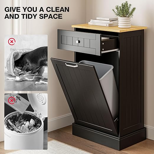 GAZHOME 10 Gallon Tilt Out Trash Cabinet, Upgrade Wooden Free Standing Recyclin Trash Cabinet with Hideaway Drawer(Black)