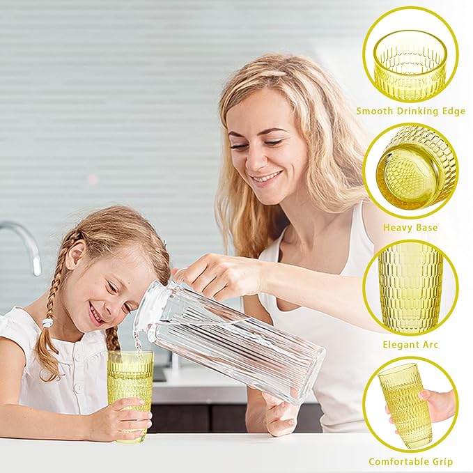 CREATIVELAND Highball Beverage Glasses Set of 6 Romantic Colored Thick & Heavy Base Big Capacity 14.87oz|440ml, Drinking Glass Tumblers for Iced Tea, Water, Soda & Juice and Cocktails (Yellow)