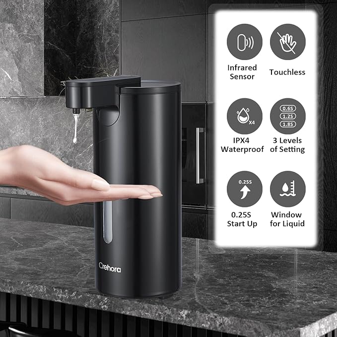 Automatic Soap Dispenser, Automatic Liquid Soap Dispenser Touchless, 12oz/340ml, 3-Level Adjustable, Battery Operated, Water-Resistant for Bathroom, Kitchen, and School, Clog-Free, Black
