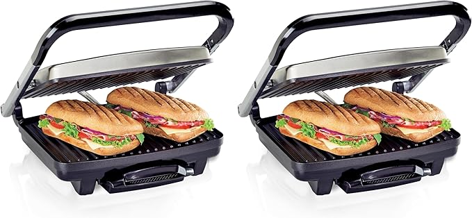 Hamilton Beach Panini Press,Sandwich Maker & Electric Indoor Grill,Upright Storage,PFAS-Free Nonstick Easy Clean Grids,Stainless Steel (25410),(Pack of 2)