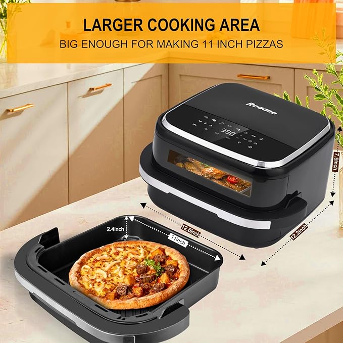 Pizza Oven & Air Fryer, 4.5QT 11-in-1 Flat Airfryer with Superior Top and Bottom Airflow Tech, Digital Display, Large Viewing Window, Grill Plate, Up to 32 Chicken Wings / 11" Pizza Capacity