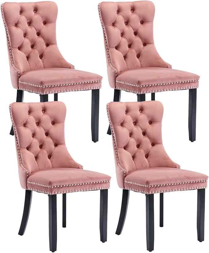 Pink Velvet Dining Chairs Set of 4, Upholstered Dining Room Chairs with Back Ring Pull Trim and Solid Wood Legs, Tufted Wingback Kitchen Chairs for Dining Room,Living Room,Kitchen(Pink)