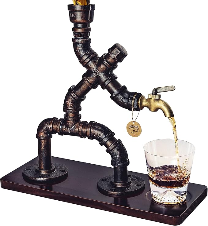 Handcrafted Liquor Dispenser- Steampunk Pipe Decor, Industrial Whiskey Holder, Rustic Style, Bar Accessories For Home Bar Art (1 Bottle) (Brown)