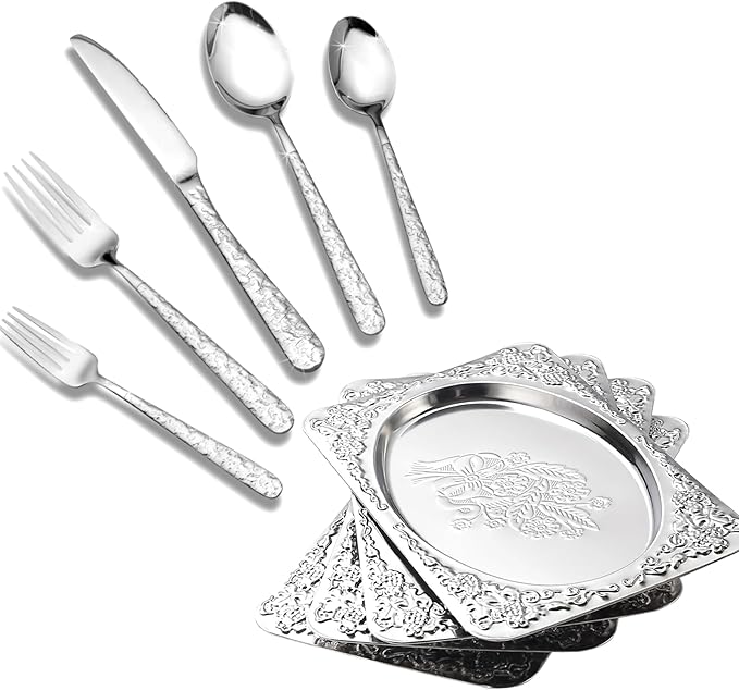 Elegant Dining Hosting Bundle: 4-Pack Vintage Floral Silver Serving Trays (11.4" x 7") & 20-Piece Hammered Silverware Set for 4, Premium Stainless Steel Party Platters and Lava Texture Cutlery Set