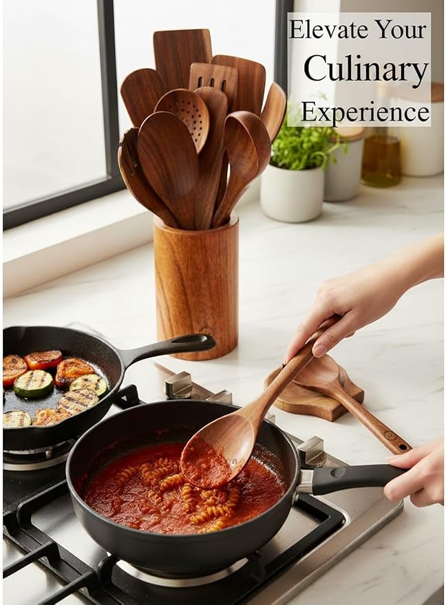 Natural Teak Wood Kitchen Utensil Set - 12 Piece Cooking Spoons & Spatulas with Large Spoon Holder & Rest, Non-Stick Heat Resistant Wooden Tools, Food-Safe Eco-Friendly Organizer